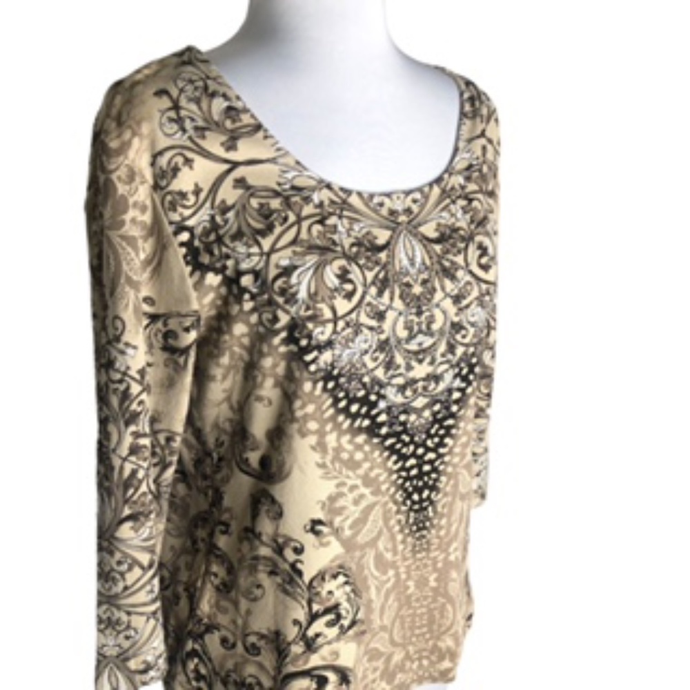 Zenergy by Chico's 3/4 Sleeve Mini Rhinestone Embellishment Scoop Neck Top Size